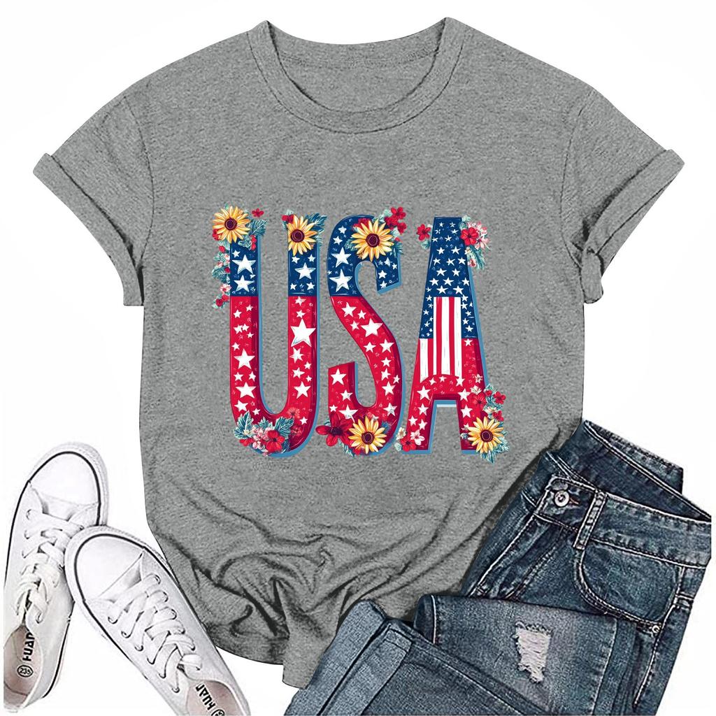 Women's Round Neck Casual Independence Day Printed Short Sleeve T-Shirt Top