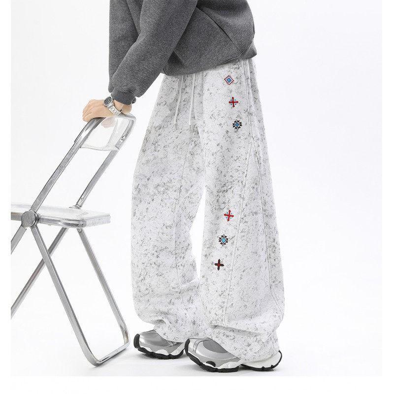 Warm Fleece-Lined Wide Leg Jogger Pants Men Women Winter Casual Loose Fit With Embroidery Tie-Dye Print