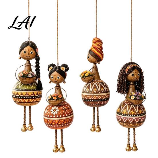 Vintage Dancing Girl Hanging Pendant Hand‑Painted Folk Style Ornament Ethnic Doll with Bell & Basket Rustic Art Resin Ornament Boho Wall