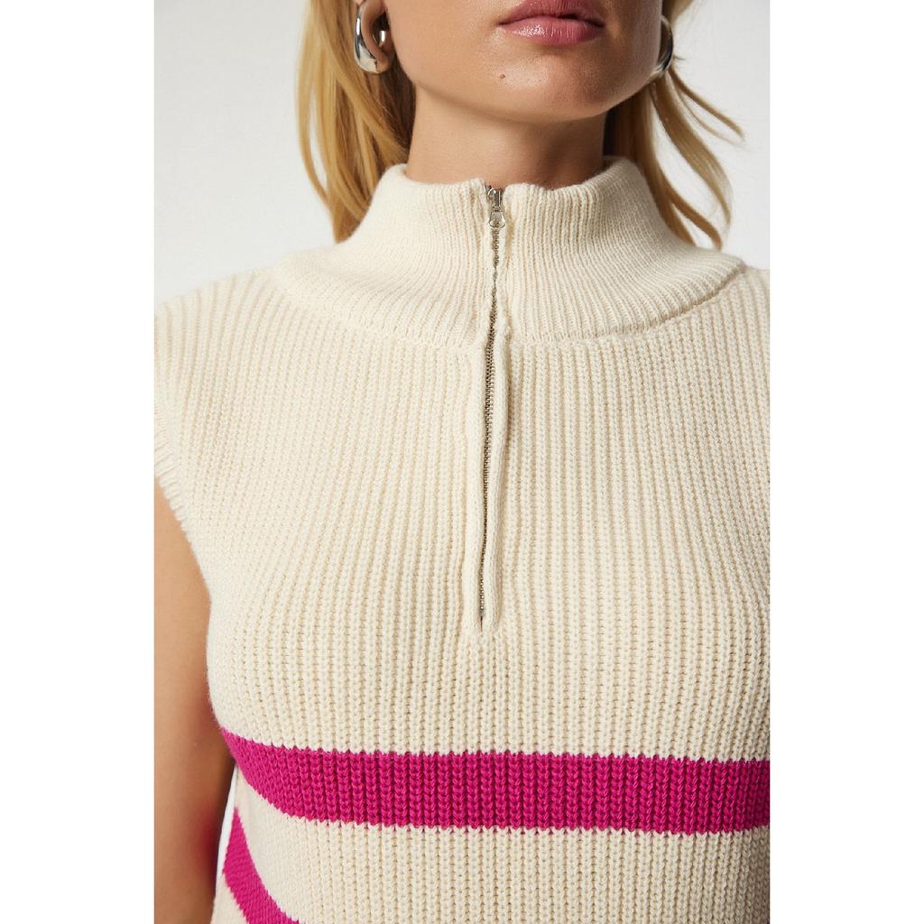 Женский кремовый черный полосатый свитер с воротником на молнии Mx00123