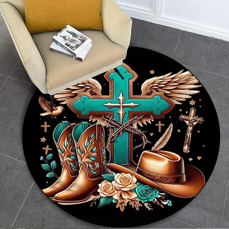 1Pc Cowgirl Boots Hat Circular Print Rug - home decoration Carpet For Living Room Bedroom Flooring Computer Chair Area Rug