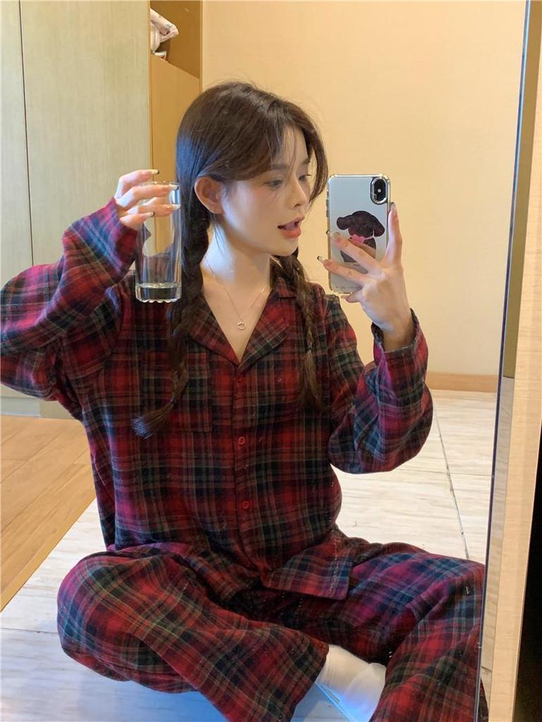 Пижамный комплект в красную клетку в корейском стиле: Удобная, Повседневная Домашняя Одежда для Пар