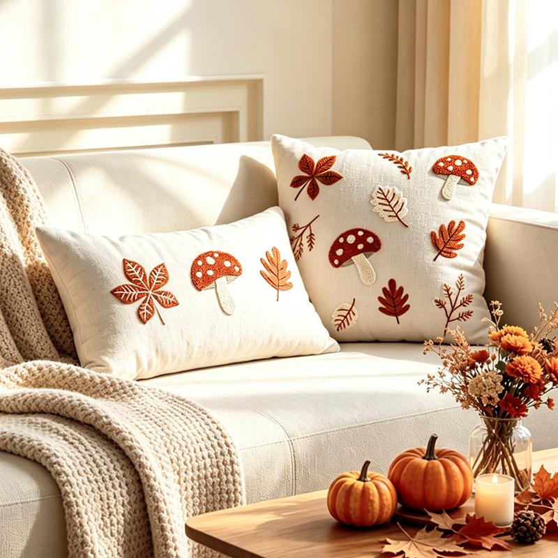 Autumn 3D Embossed Mushroom Maple Leaf Cushion Cover Cotton Linen Square Lumbar Pillow Case Retro Decor Couch Throw Pillowcase 45x45cm