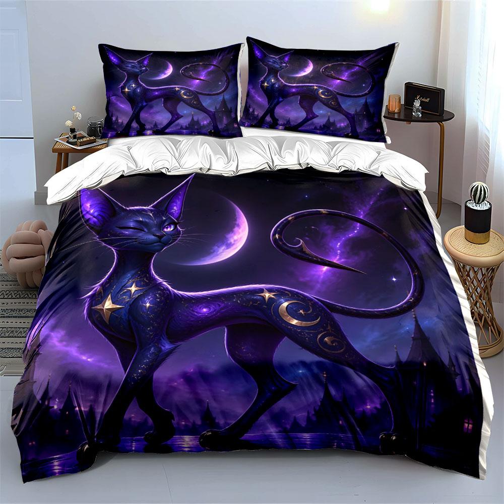 Enchanted Purple Cat in Moonlit Night Print Bedding Set 1 Duvet Cover 2 Pillowcases for Adult and Children Luxury Gift