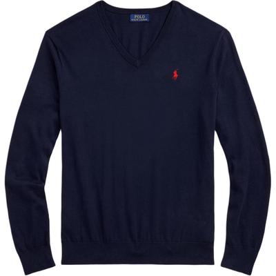 Polo однотонный хлопковый трикотажный свитер с V-образным вырезом и длинными рукавами, классический крой, мужской свитер темно-синего цвета 710890561001