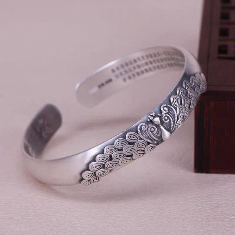 Vintage Brushed Embossed Peacock Open Bracelet Women Jewelry Classic Buddhist Heart Sutra Blessing Bangle For Lady Gift