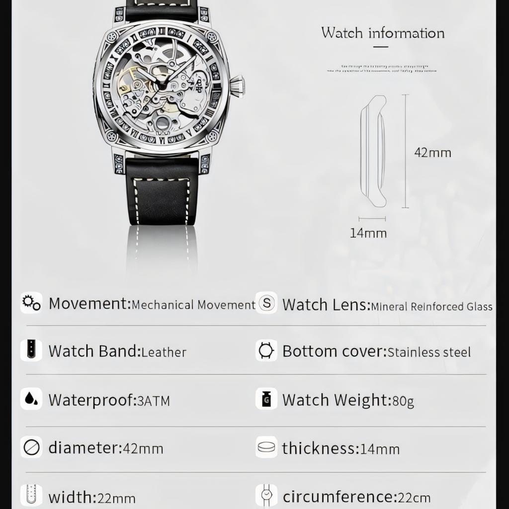 TEVISE Square Luxury Retro Mechanical Watch for Men Hollow Skeleton Self-Wind Carved Automatic Watches Vintage Leather Strap Wristwatch