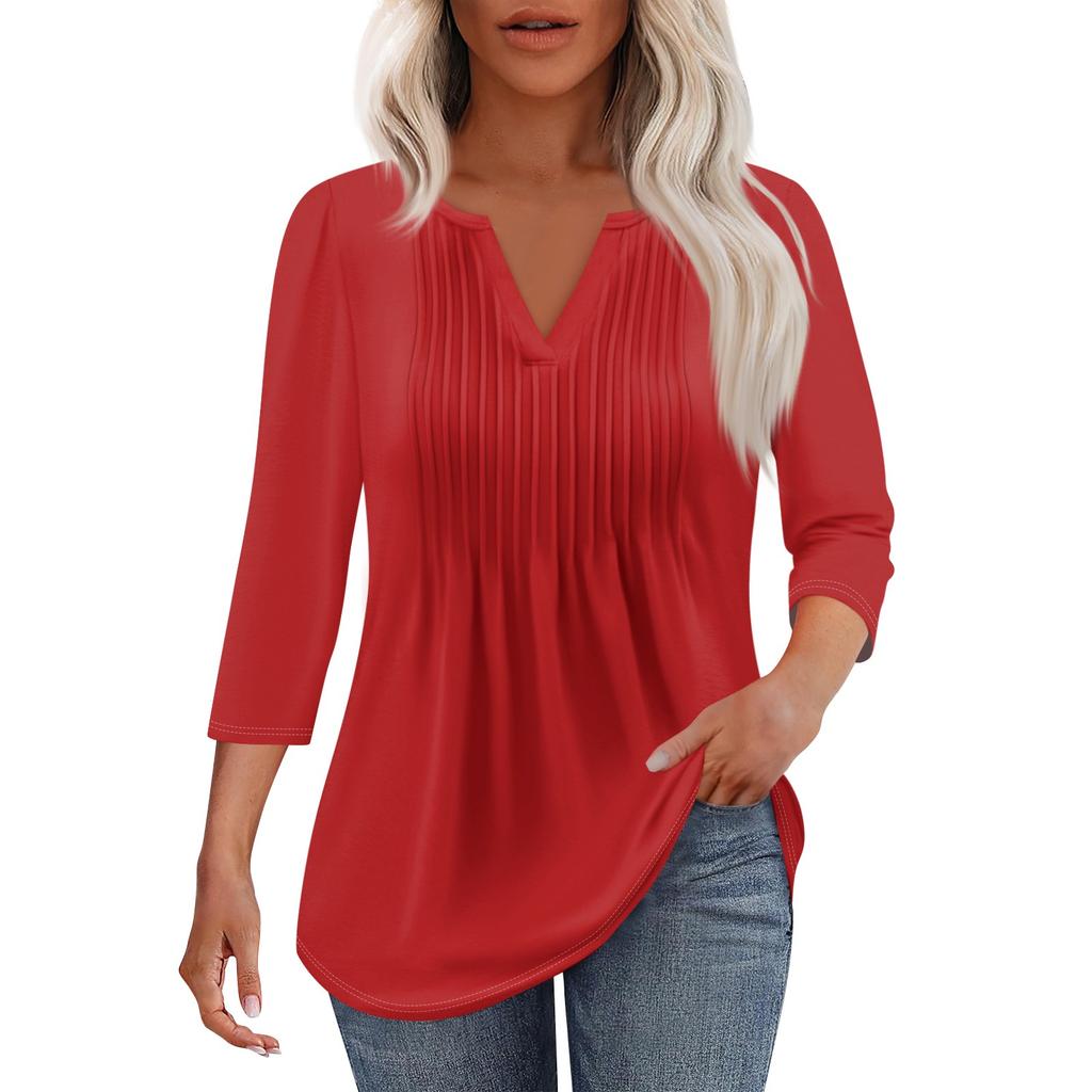 Women's Fashionable Casual Pleated V Neck Solid Color Seven Quarter Sleeve T-shirt Top
