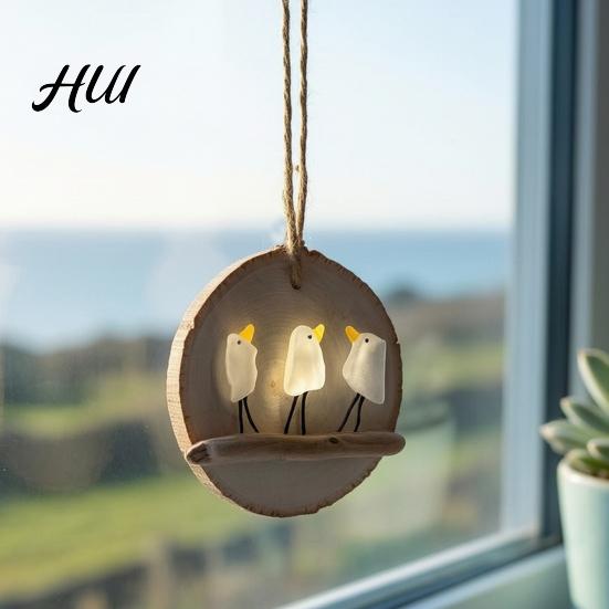Ocean Themed Home Decoration Handmade Sea Glass Bird Wooden Hanging Ornament, Coastal Seagull Decor for Memorial Gift Her Christmas Tree, Beach Style