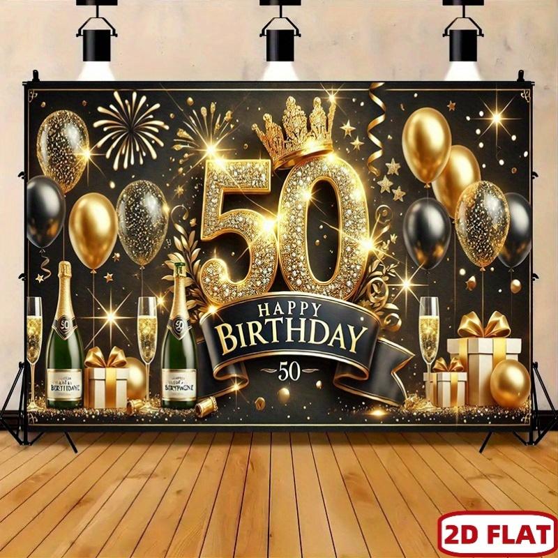 2D flat 1pc luxurious 50th birthday polyester banner, birthday party background, gold and black theme and fireworks design