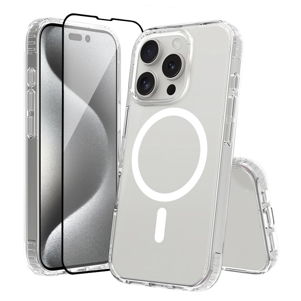 Для iPhone 16 Pro Чехол Совместимый с MagSafe PC+TPU Прозрачная Накладка на Телефон с Защитным Стеклом для Экрана