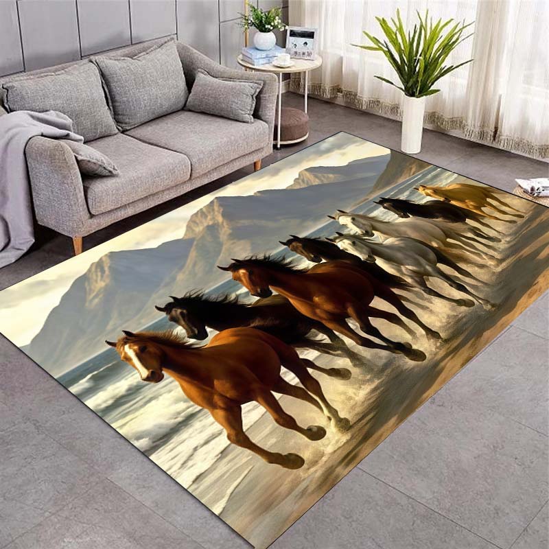 Fantasy Running Horses Area Rug, Glowing Mushroom Full Moon Forest Non Slip Floor Carpet