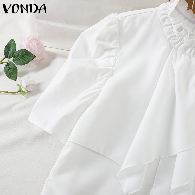 VONDA Женские летние однотонные блузки с воротником-стойкой и коротким рукавом с оборками