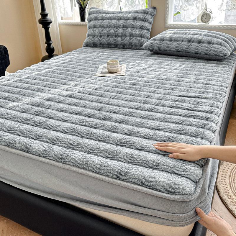 2025 Сверхтолстое плюшевое постельное белье с подкладкой из кроличьего меха для зимы - Односпальная простыня-пододеяльник и чехол на матрас из молочного велюра