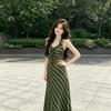 Французское ретро зеленое клетчатое платье женское летнее темпераментное поясная юбка стиль для отпуска платье на шею