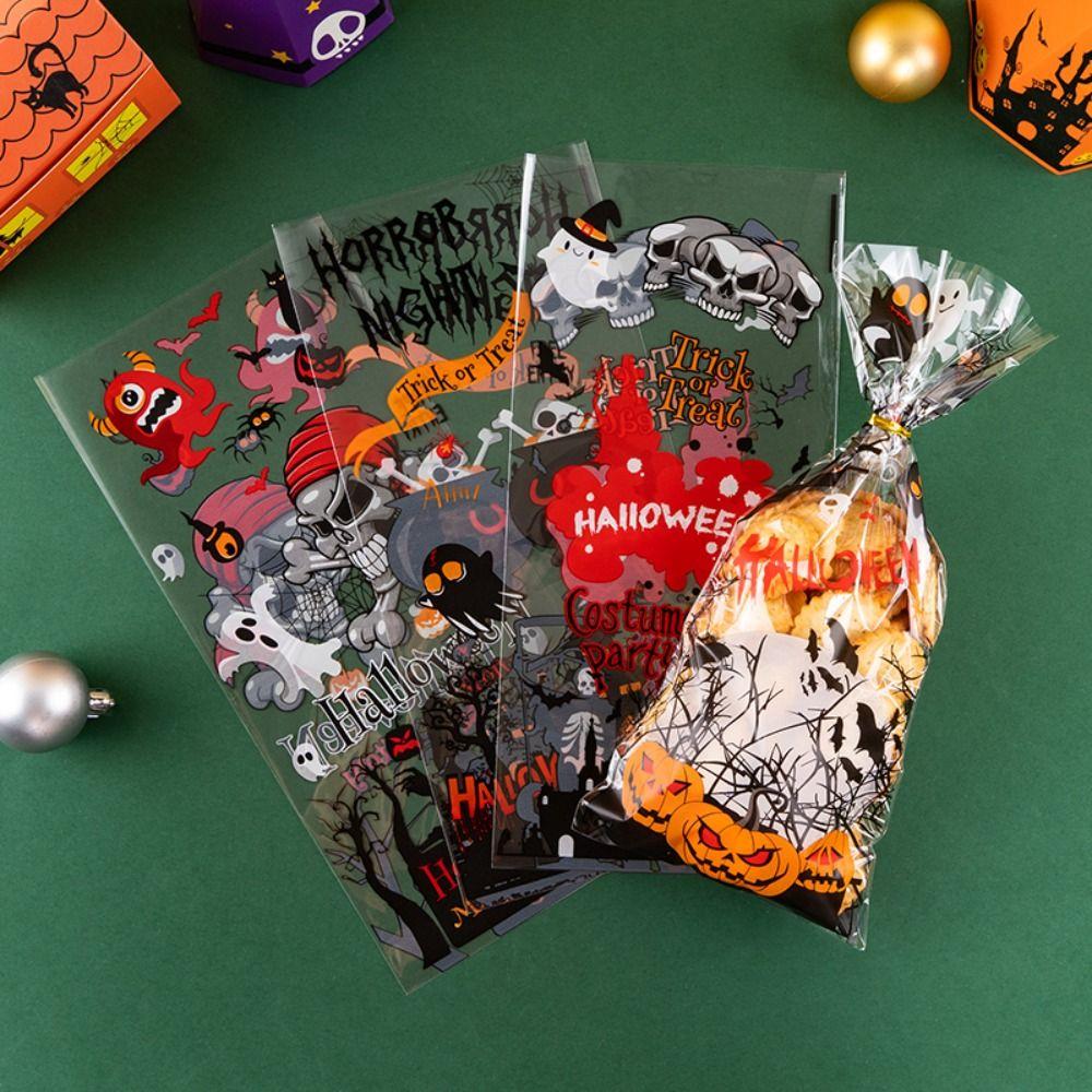 50pcs Trick or Treat Halloween Candy Bags Transparent Cellophane Pack Gift Bags  Kids Party Favors