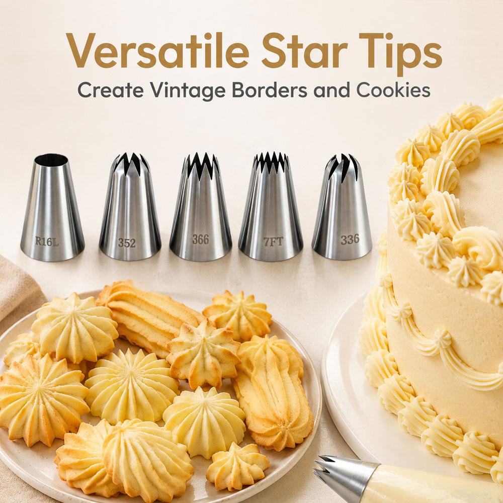 5Pcs Stainless Steel Piping Tips Set R16L 336 366 352 7FT Flower Star Round Icing Nozzles Cake Decorating Baking Tools