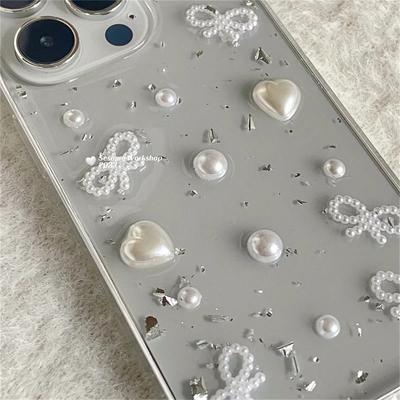 3D Жемчужный Бантик Серебряная Фольга Чехол Для Телефона Для iPhone 17 Air 16 15 14 12 11 Pro Max 13mini XS Max XR X Милый Прозрачный Мягкий Чехол