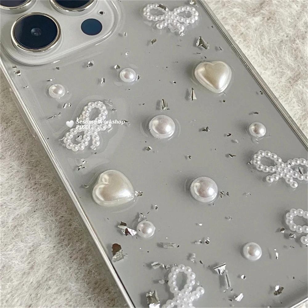 3D Жемчужный Бантик Серебряная Фольга Чехол Для Телефона Для iPhone 17 Air 16 15 14 12 11 Pro Max 13mini XS Max XR X Милый Прозрачный Мягкий Чехол