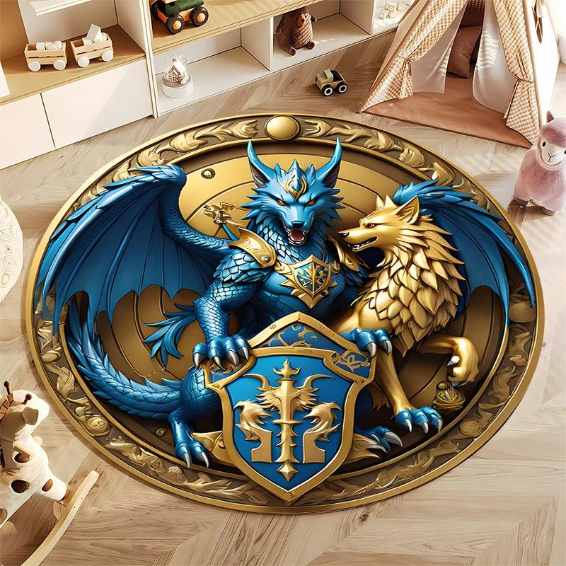 Majestic Dragon and Wolf Round Fantasy Rug round carpet for home sofa bedroom, gift