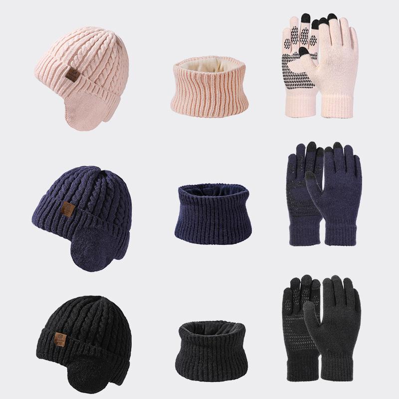 Women Knitted Beanies Cold Hat 3pcs Warm Winter Hat For Women Scarves Cap Scarf Gloves Hats Three Sets Outdoor Warmer Scarf Hat Touch Screen Gloves