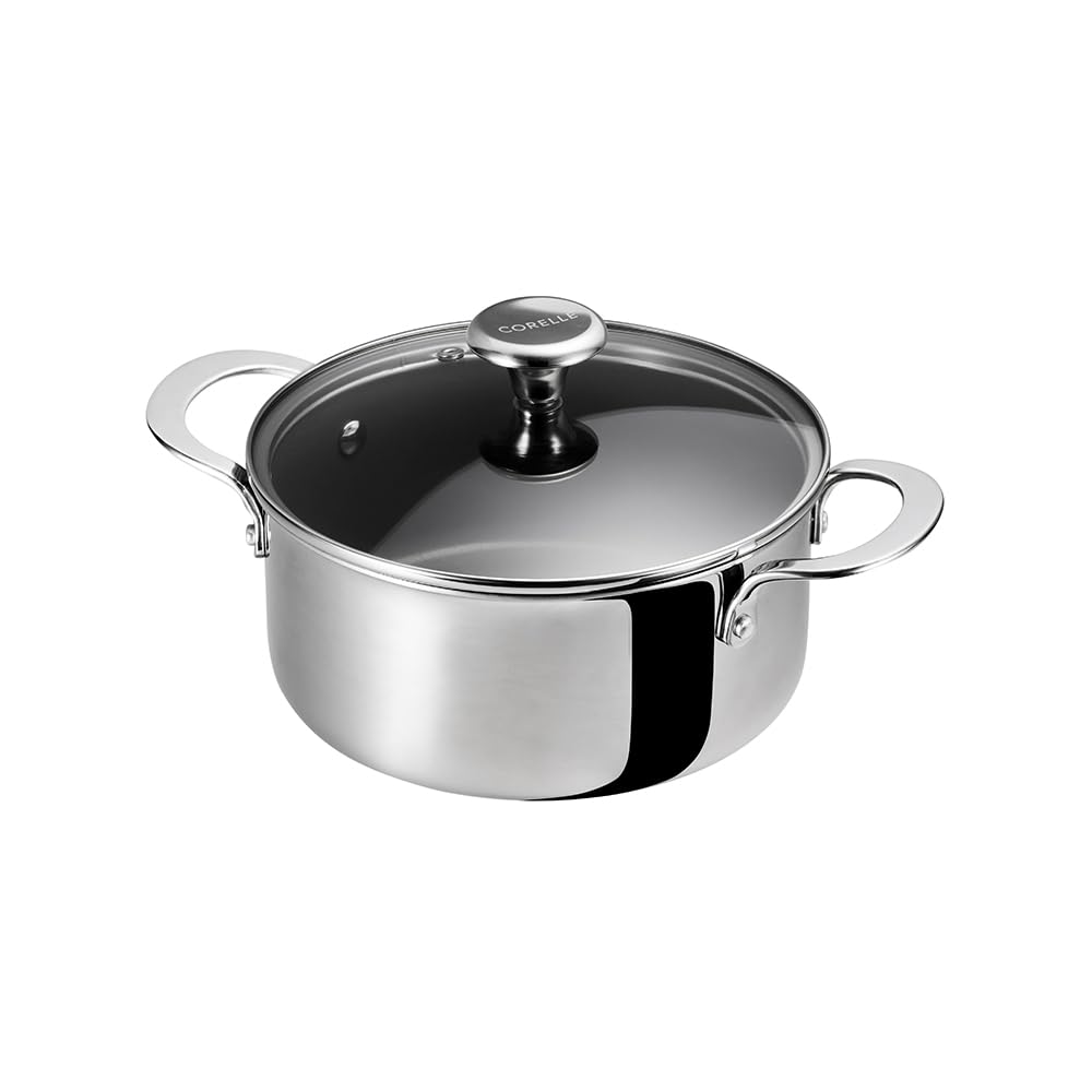 CORELLE 20cm Pot with Induction and Gas Dishwasher and Oven Casserole Doshisha Double-Handled Lid, Compatible, PFAS-Free, Safe, Container, 10-Year