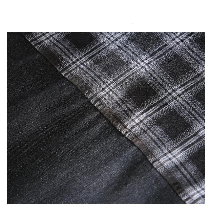 Весна/осень Чистый хлопок Повседневные джинсовые рубашки для мужчин Уличная одежда Две поддельные части Клетчатые пэчворк Свободные рубашки Стираная черная джинсовая рубашка