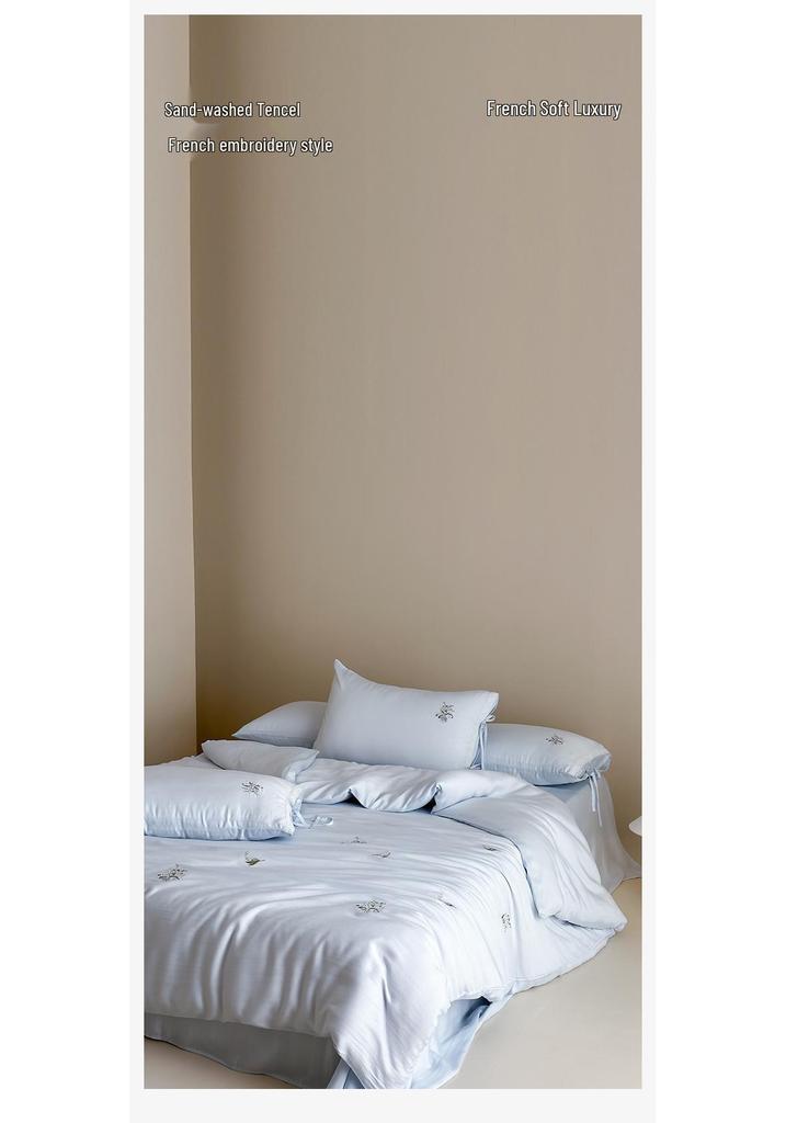 French Tencel Embroidery Luxury Four-Piece Bedding Set - Silky, Cool, Skin-Friendly for Summer Comfort