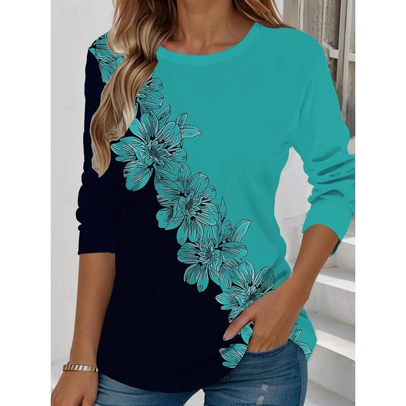 Fashion Summer Women's Floral Graphic Elegant Round Neck Long Sleeve T-Shirts Y2K Casual Tops Womens Clothing Harajuku Pullover