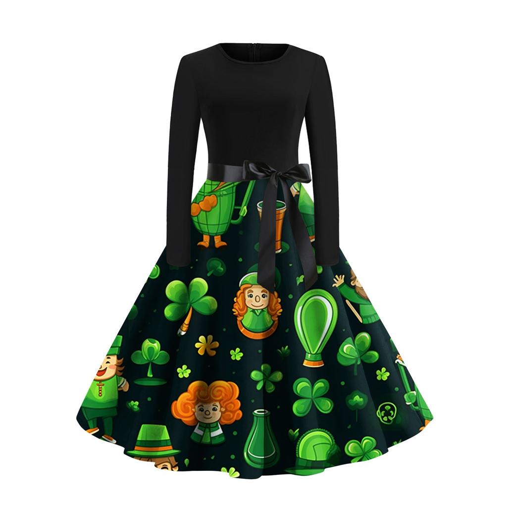 Women's Vintage Classic Dress Long Sleeve Valentine's Day Print Round Neck Swing Dress