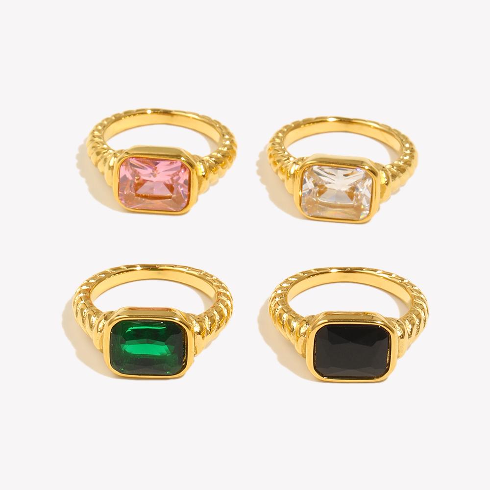 E.B.belle Christmas Jewelry Luxury Texture Engraved Side Rectangle 3A Zircon Stone Rings For Women Stainless Steel Gold Gem Ring