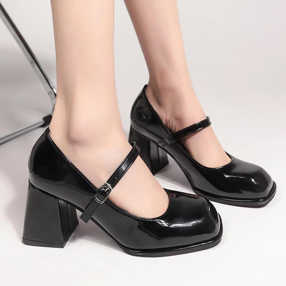 Туфли женские Туфли Мэри Джейн на высоком каблуке Платформа Каблуки с пряжкой Нескользящие Повседневные Туфли на среднем каблуке Офисные женские Туфли-лодочки