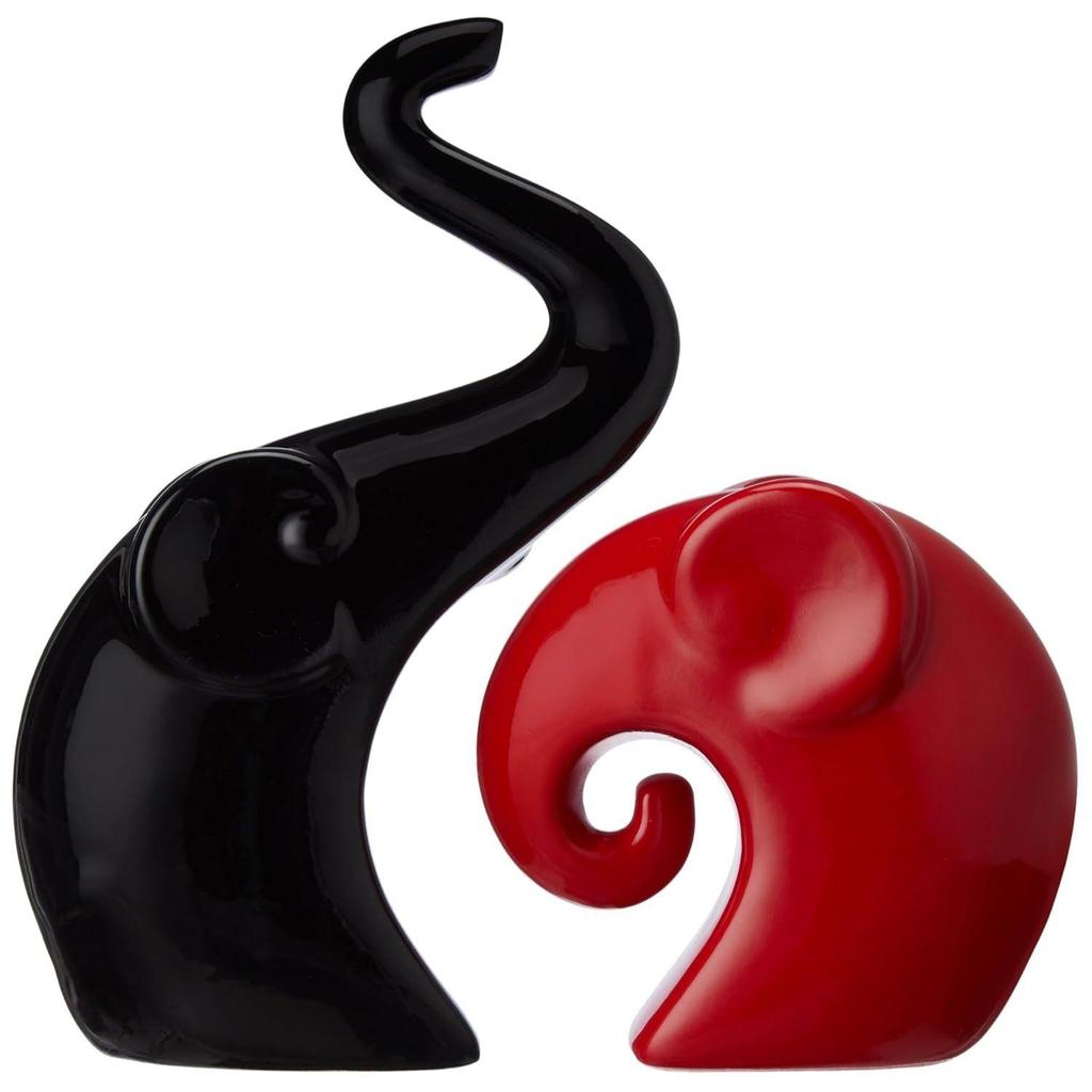 Home Decor Happy Charm Elephant Couple | Piano Finish Ceramic Figures (Set of 2 Piece, Red & Black)