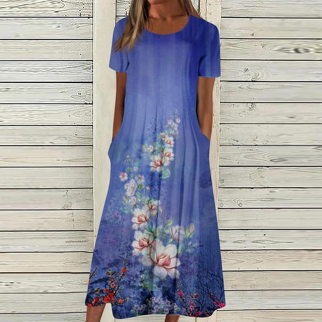 Женское летнее повседневное модное платье с коротким рукавом и карманом с круглым вырезом