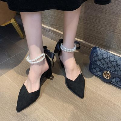 Новые женские универсальные туфли на высоком каблуке 5 см, сказочный стиль, средне-высокий толстый каблук, заостренный носок, французский стиль, жемчужные одинарные туфли