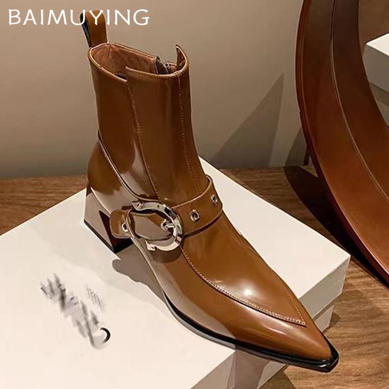 Острый носок женские зимние ботильоны на среднем каблуке сексуальная обувь модные кожаные зимние ботинки челси 2024 тренд массивные туфли-лодочки Botas Mujer