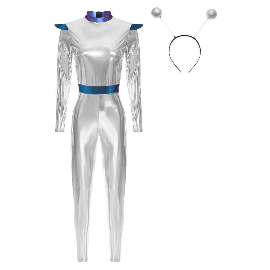 Womens Alien Robot Astronaut Cosplay Costume Metallic Shiny Full Body Unitard Long Sleeve Jumpsuit