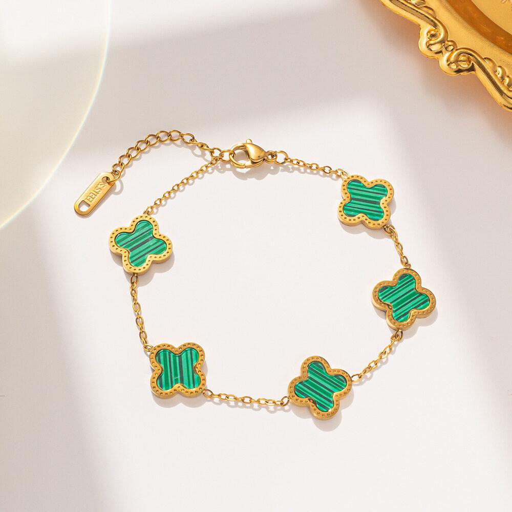 Темпераментный двусторонний браслет из нержавеющей стали, черный/цвет ракушки, четырехлистный клевер, элегантный браслет из розового золота