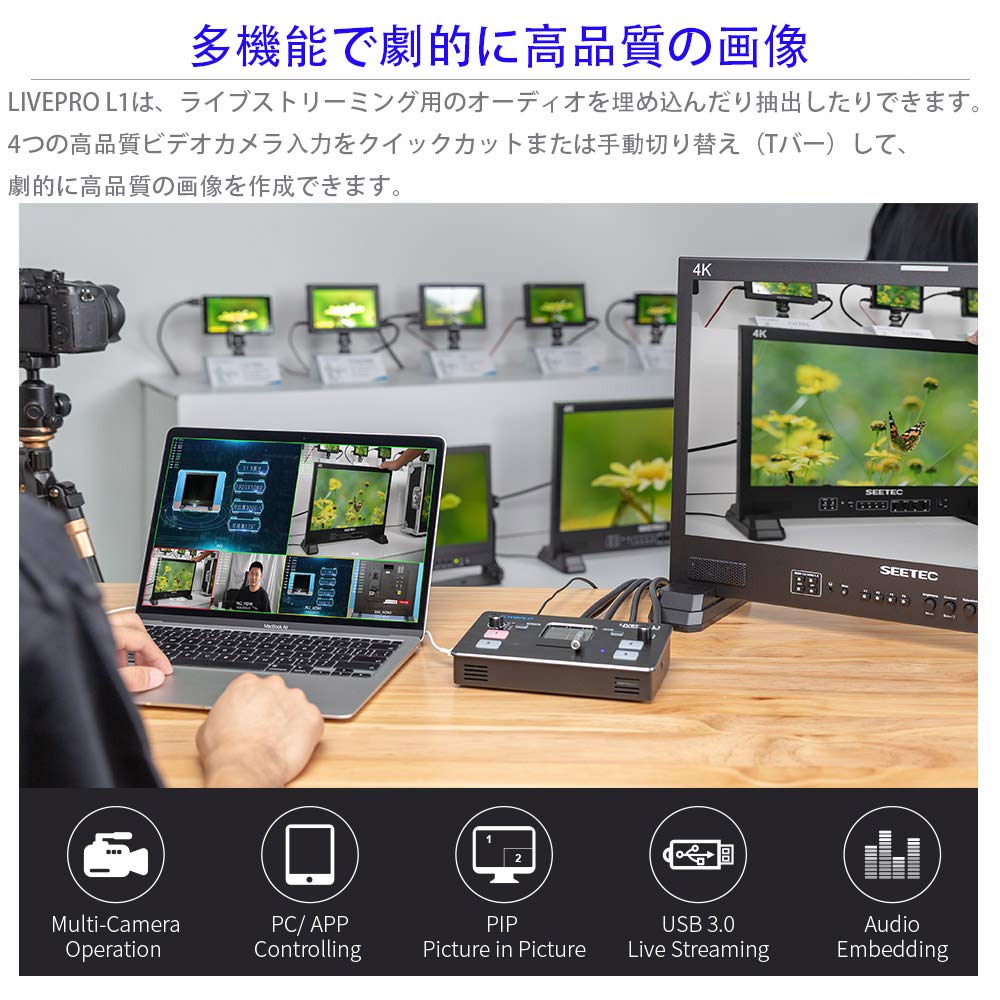 Feelworld LIVEPRO L1 V1 HD Видеомикшер для прямых трансляций с 4x HDMI USB-интерфейсом и HDMI-выходами, позволяющими независимую настройку PGM и