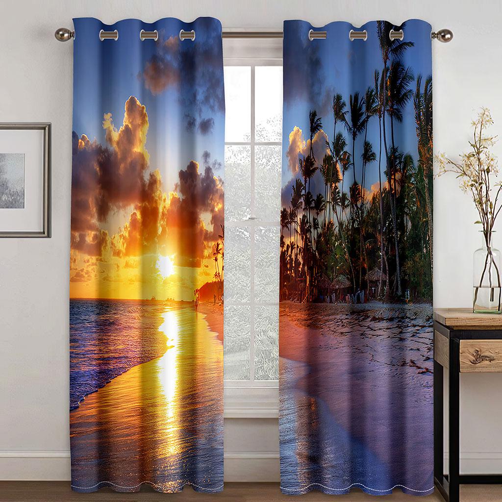 Солнцезащитный занавес с изображением морского заката и пейзажного узора, 2 предмета для гостиной, спальни, украшения дома, пирсинг, Ху