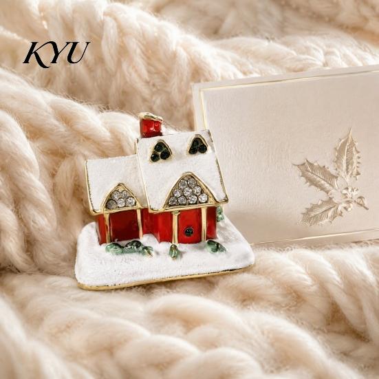 Collectible Snow House Keepsake Christmas Enamel Jewelry Box with Magnetic, Vintage Decorative Winter Themed Holder, Rhinestones Decor Alloy Ornament