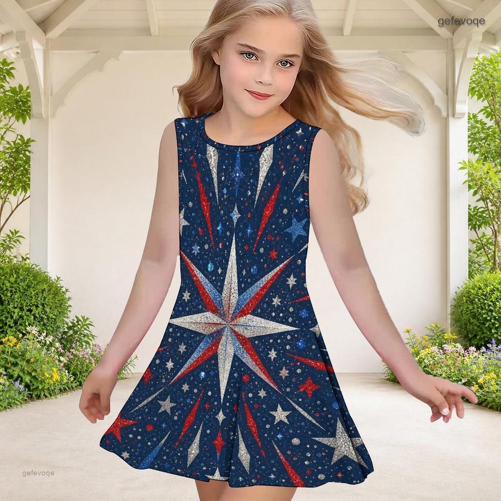 Little Girls Round Neck Sleeveless White Printed A Line Flared Dress