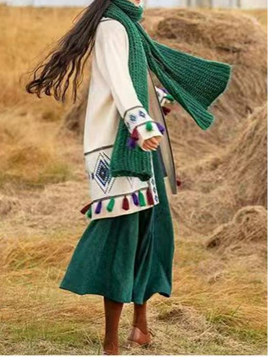 Women's Yellow Ethnic Tassel Knit Cardigan Coat