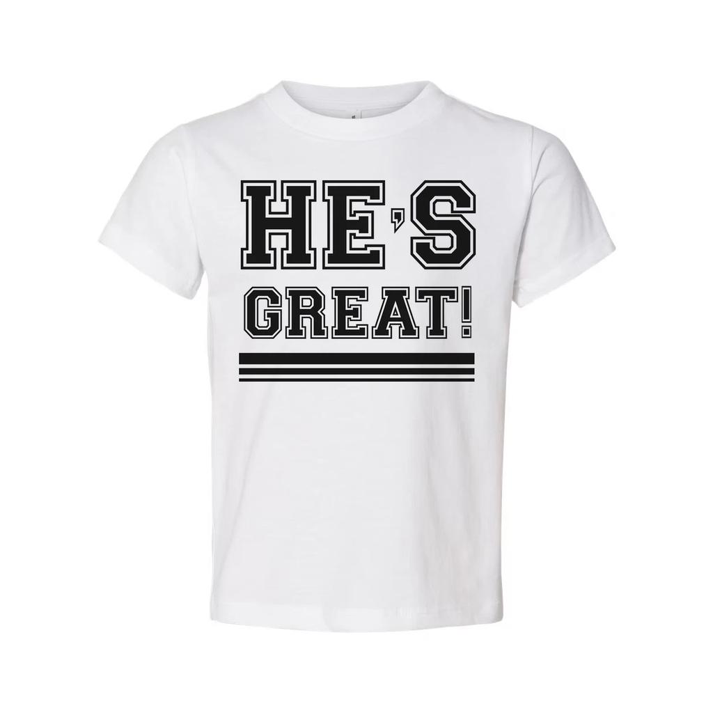 Unisex Christian Graphic T Shirt With Hes Great Exclamation And Bold Stripes Und