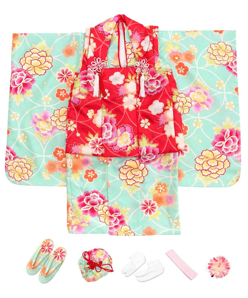 Kimono Set for 3 Years Cloth Gorgeous Set Patterned Date Long Hair Waist for Girls Jade [KYOETSU] Shichi-Go-San, Old, Set, C, 9-piece (patterned