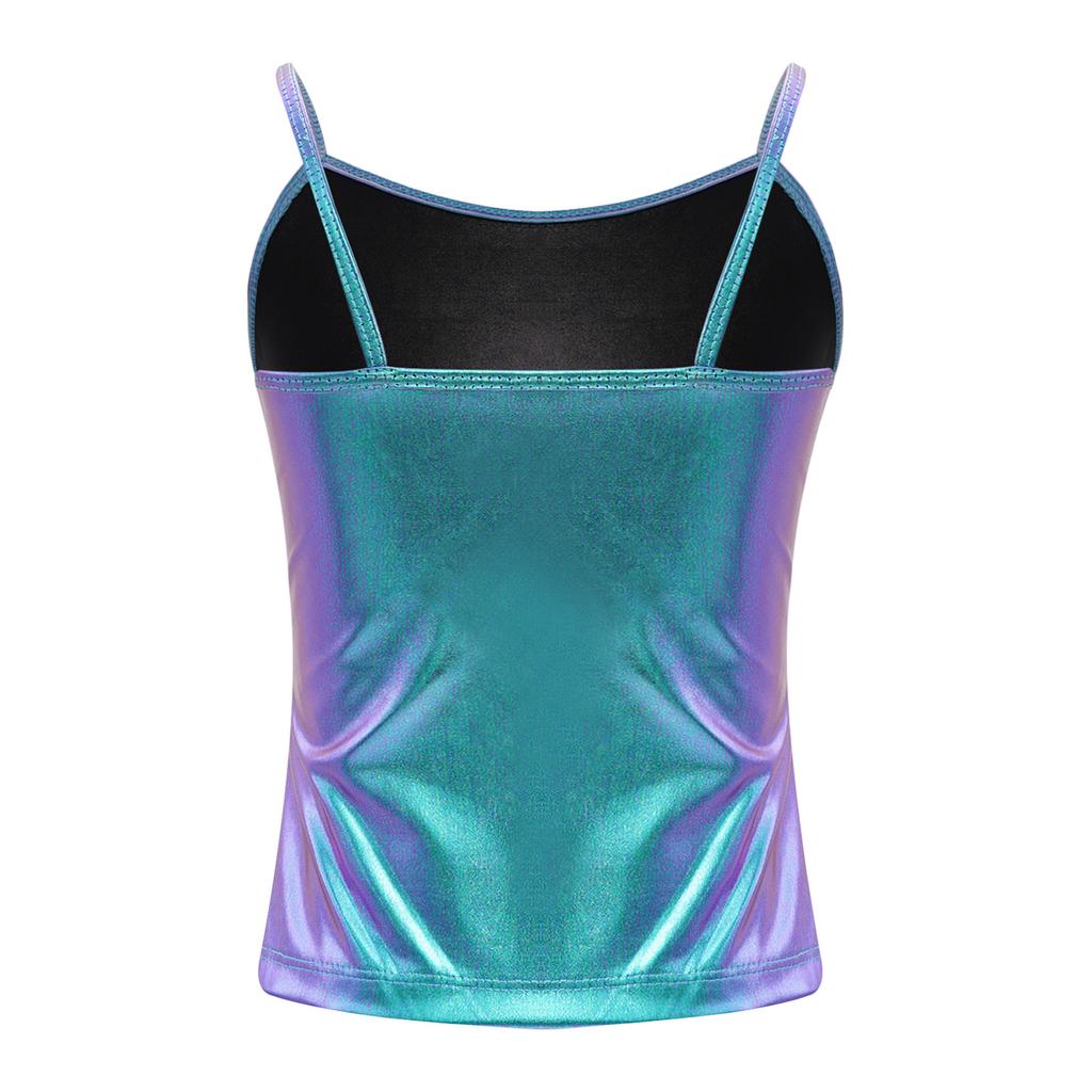 Блестящий топ-майка металлического цвета на тонких бретельках для девочек для танцевальных соревнований, выступлений на сцене