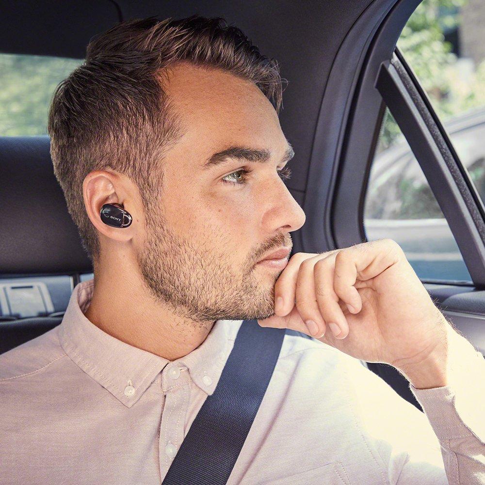 Sony Полностью беспроводные наушники Amazon Alexa Bluetooth с раздельными левым и правым наушниками с 360 Reality Audio 2017 года, черные наушники с шумоподавлением WF-1000X