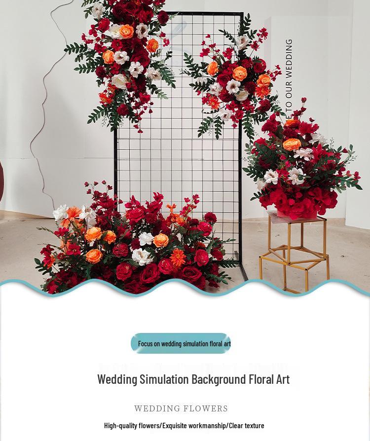 Red Floral Wedding Stage Backdrop with Artificial Flower Rows