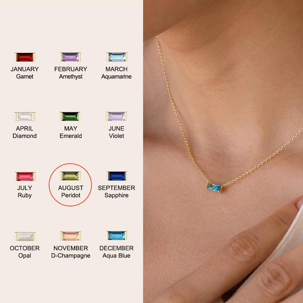 Hot Sale Bijoux Minimalist Baguette square Birthstone Necklace 925 Sterling Silver Gold Plated Zircon Necklace Jewelry