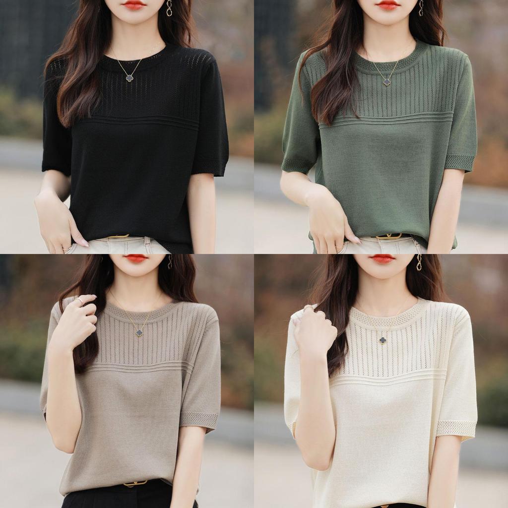 Ice Silk Short Sleeve T Shirt With Knitted Hollow Design For Summer Casual Women